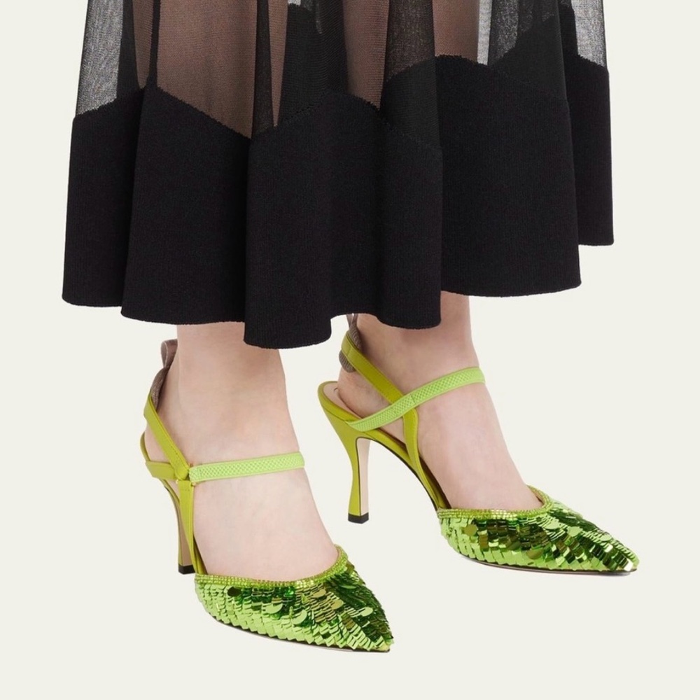 ✨ Authentic FENDI Green Sequin High-Heeled Slingbacks – Statement Glam ✨ - Picture 3 of 7
